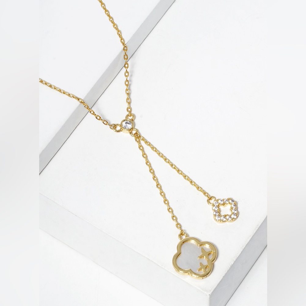 Clover Necklace 18K Gold Dipped Mother of Pearl & Cubic Zircona Stones